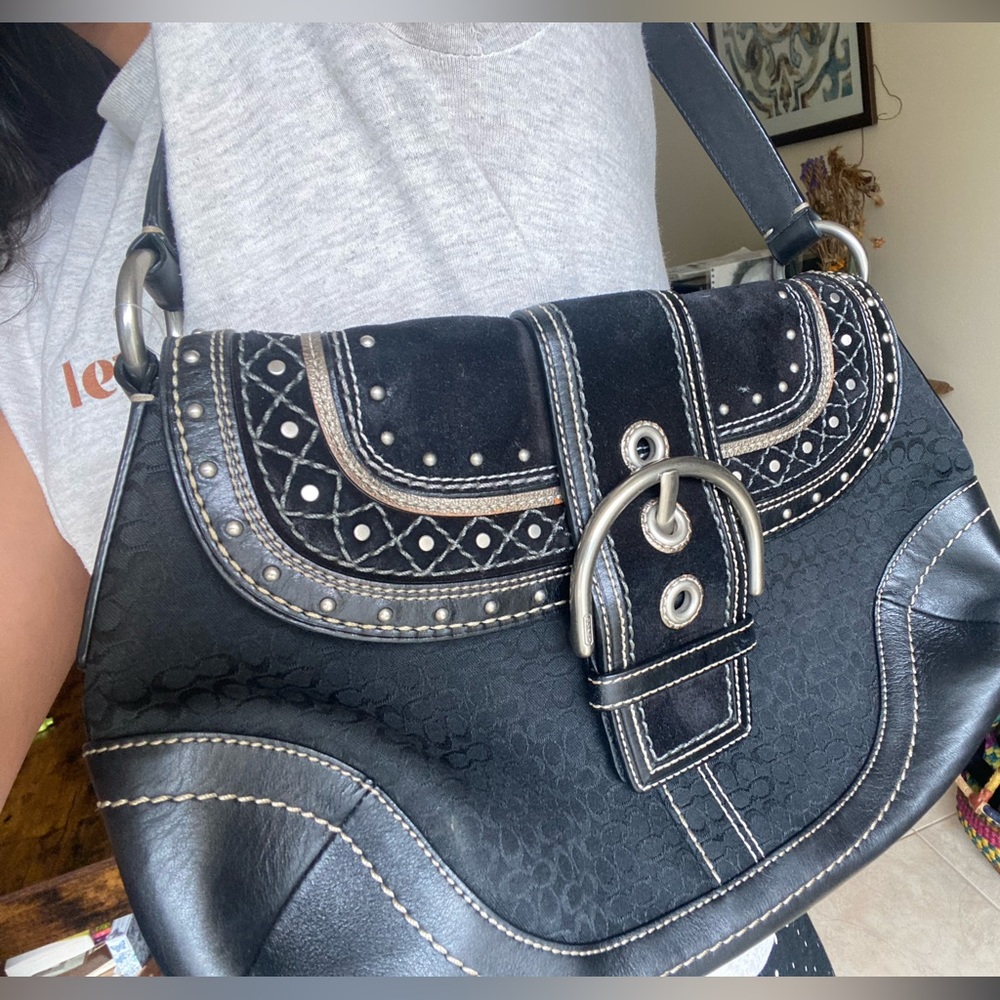 Coach Soho Black Leather Studded Jacquard Hobo Bag G0769-F11517
